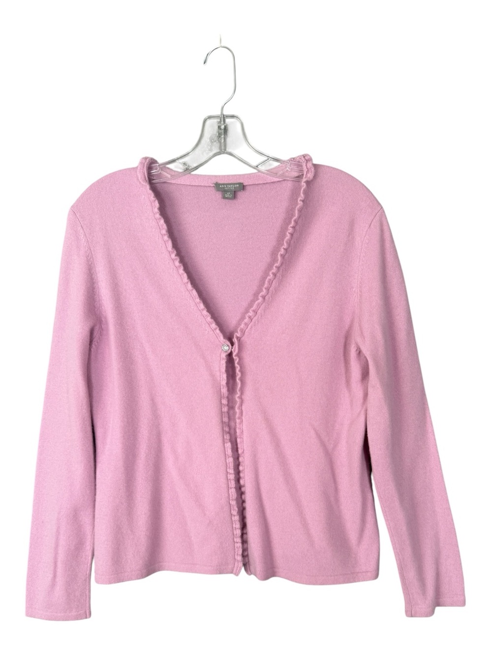 Ann Taylor 100% Cashmere Pink Cardigan Coquette Feminine Ruffle L Petite